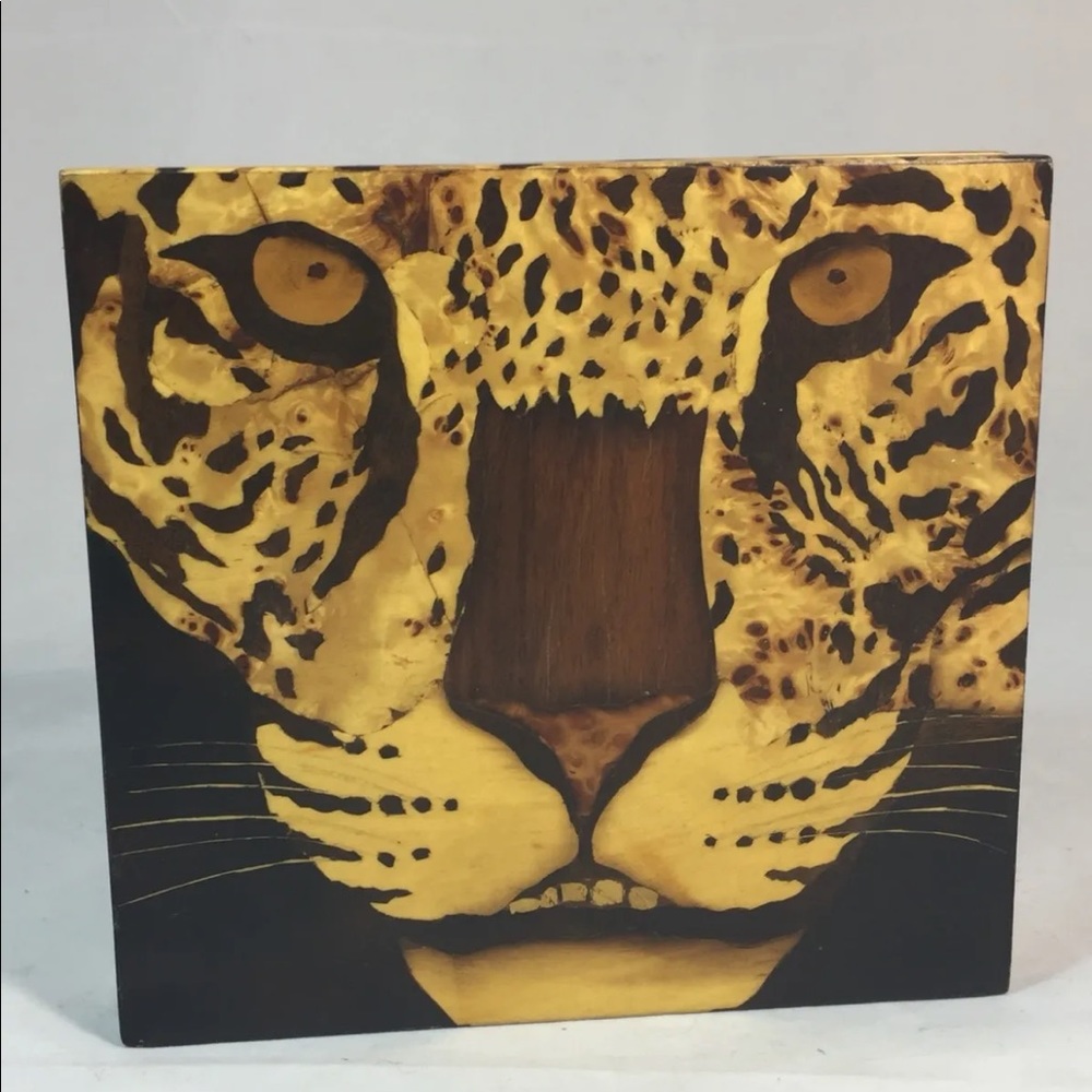 New Handmade Minaudière Wood Hand Painted Tiger Safari Brown Square Gold Chain - Picture 9 of 12